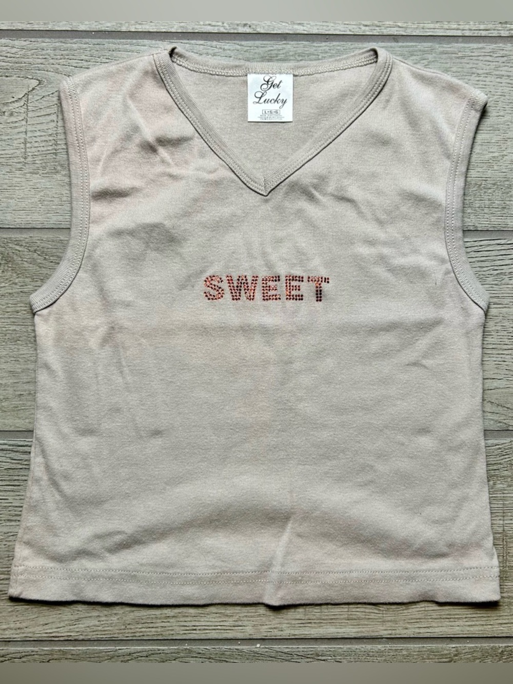 Get Lucky Light Beige V-Neck Tank with Red Rhinestone SWEET